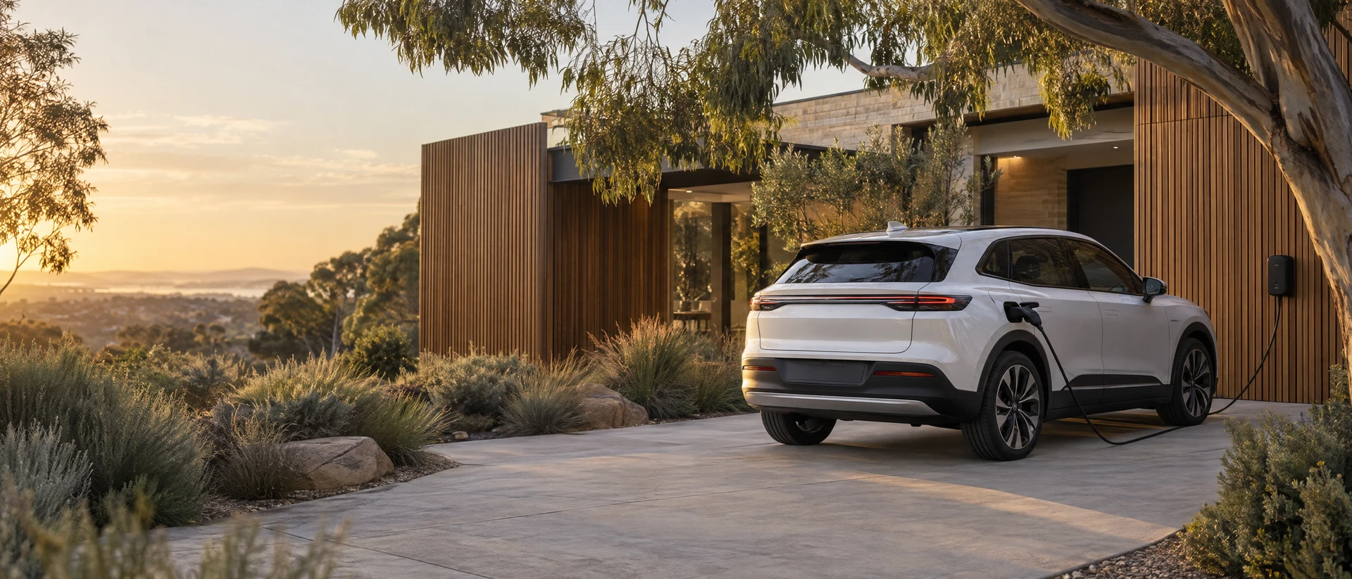 Illustrative modern Australian home with an electric vehicle connected to a wall charger