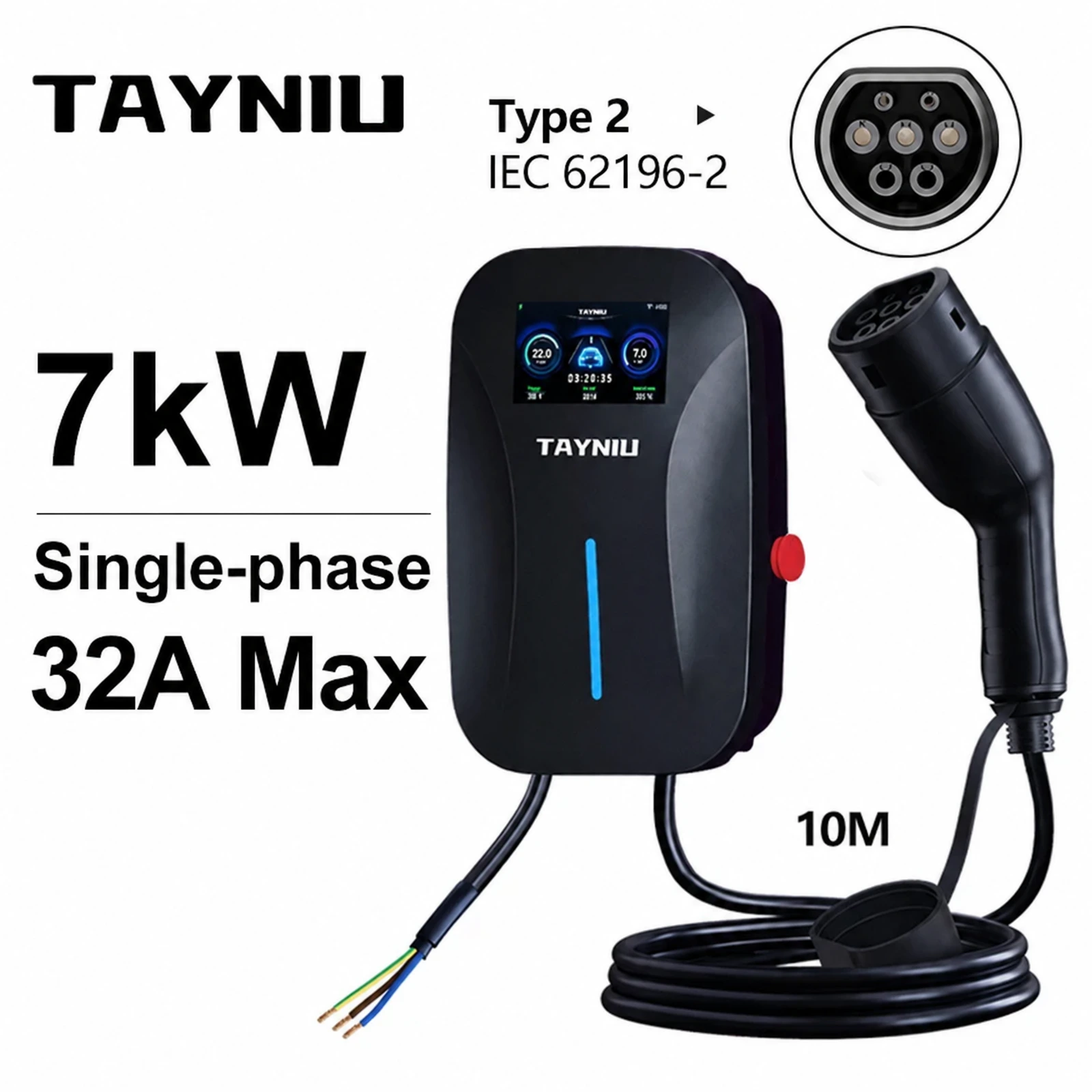 TAYNIU 7 kW single-phase Type 2 wallbox, shown with the EVCS 10 m cable configuration